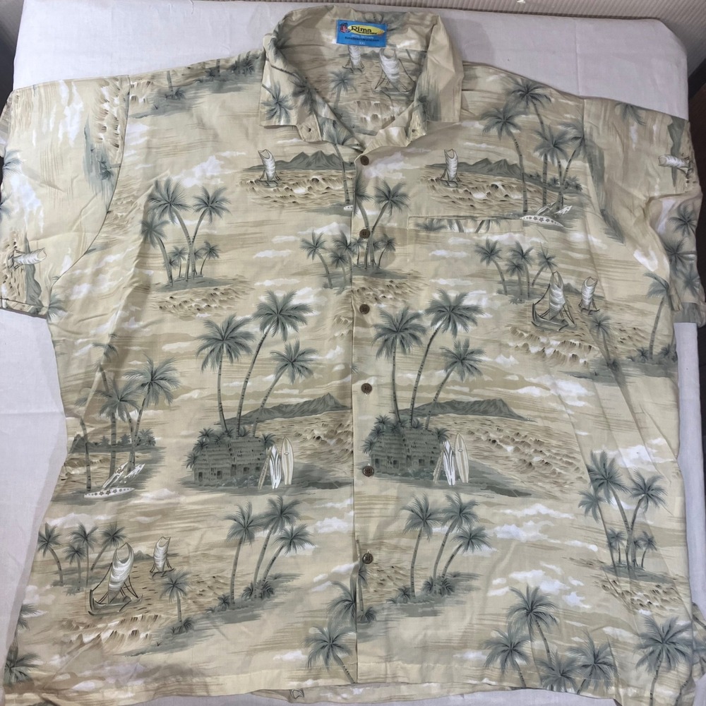 Rima Beach World Mens XXL Hawaiian Shirt Tan Tropical Island Palm Tree Terivoile